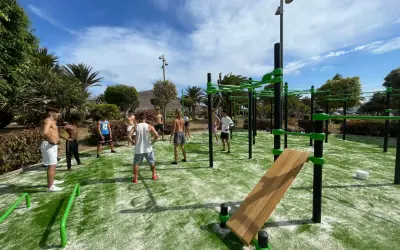 Grupo de personas entrenando en un parque de calistenia al aire libre con césped artificial y estructuras verdes.