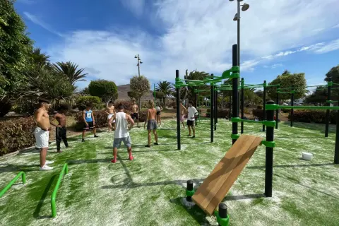 Grupo de personas entrenando en un parque de calistenia al aire libre con césped artificial y estructuras verdes.